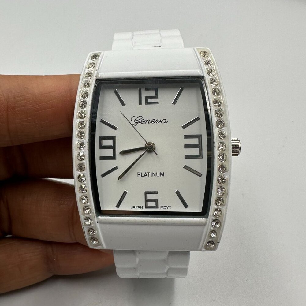 3/$30 Geneva Watch Women White Crystal Bezel Hinged Cuff Band New Battery